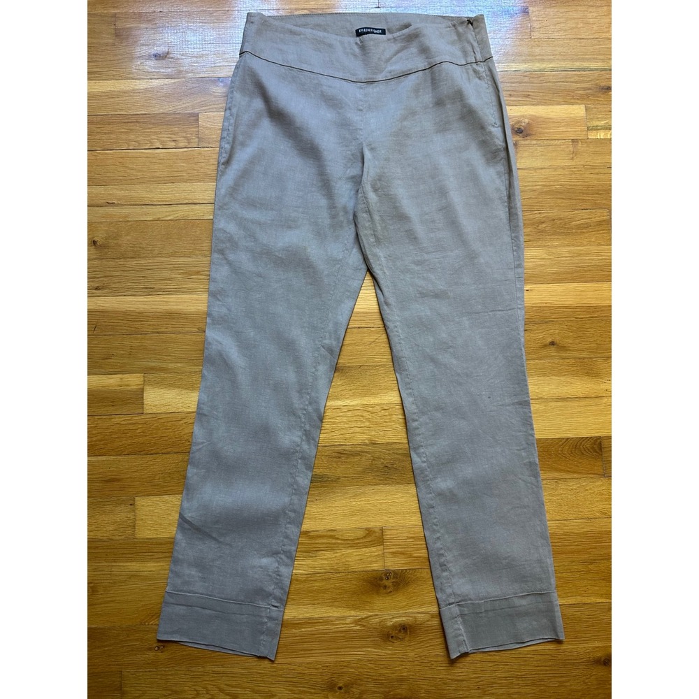 Eileen Fisher XS Taupe Linen Blend Side Zip Straight Leg Cuffed Trousers Pants